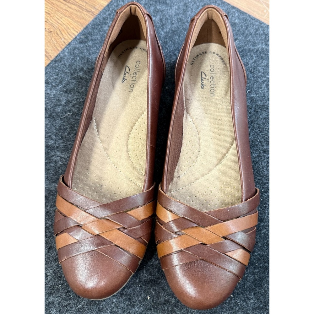 Clarks Womens Sara Clover Ballet Flat Mahogany Leather Combination Slip-On 5.5M